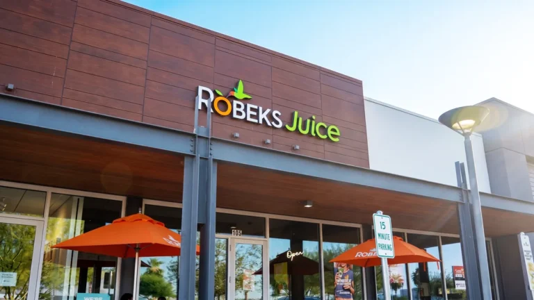 Robeks Juice storefront with orange patio umbrellas and branded exterior signage